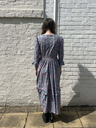 women wearing blue floral print midi dress back view
