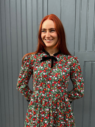 women wearing floral dress neckline detail