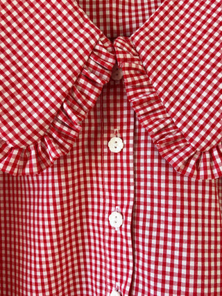 vintage buttons on
 gingham blouse