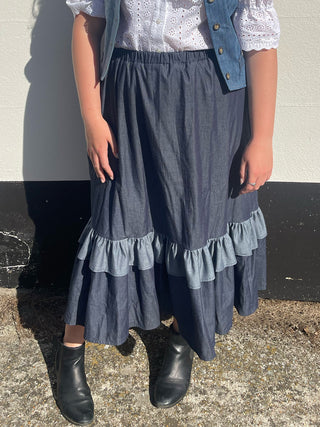 women wearing chambray skirt detail