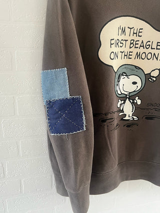 upcycled snoopy sweatshirt with denim patches