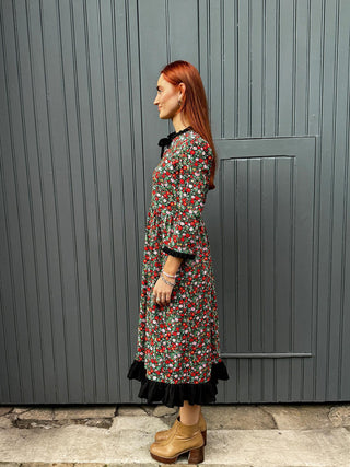 side view women wearing floral dress