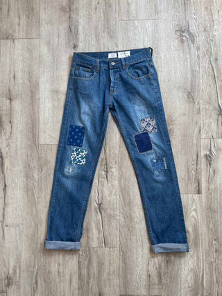 deep indigo patched denim 