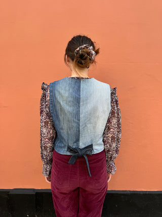 women wearing denim waistcoat back view
