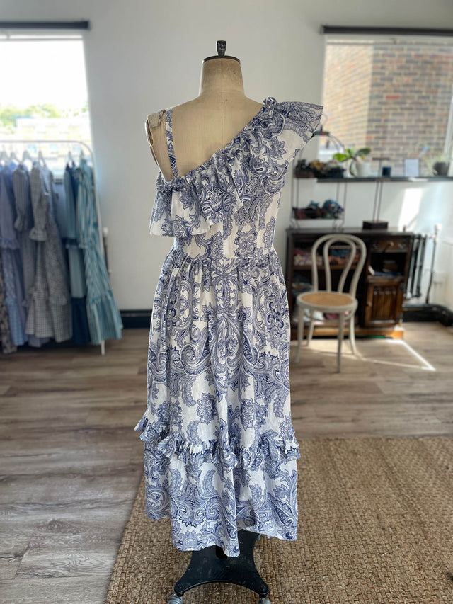 The Well Worn ruffle one shoulder dress mannequin back