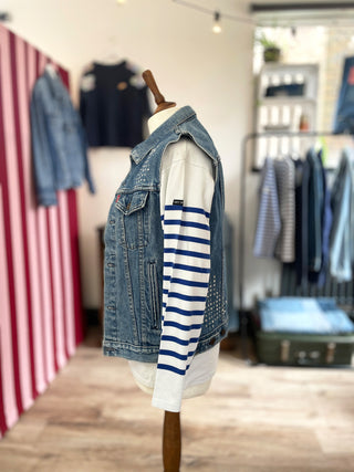 upcycled denim waistcoat on mannequin side