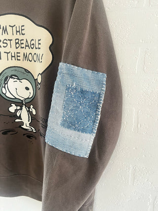 upcycled snoopy sweatshirt patch detail