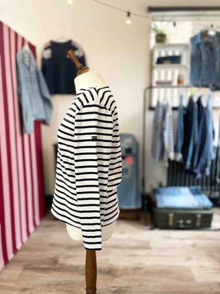 upcycled breton on mannequin side