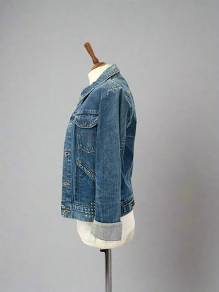 mended denim jacket on mannequin side