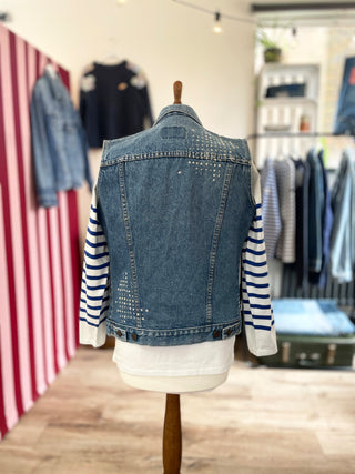 upcycled denim waistcoat on mannequin back