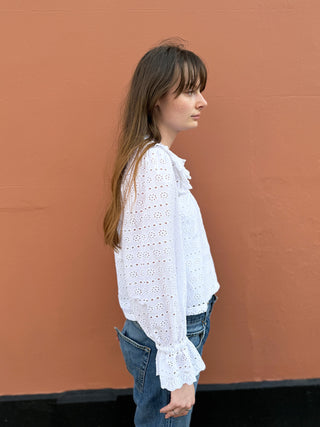 women wearing cutwork blouse sleeve detail